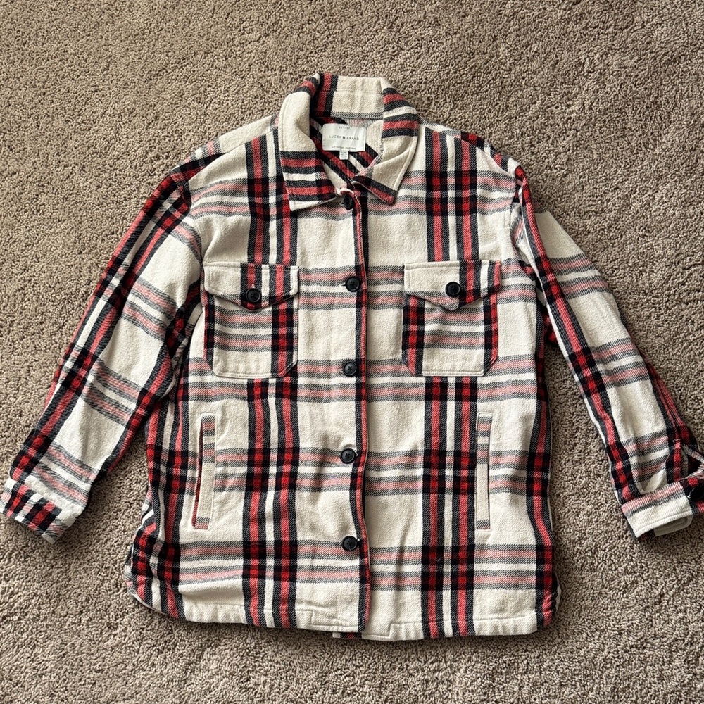 Lucky Brand Cream, Red & Black Plaid Button-Front Shacket Size L